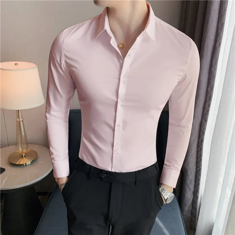 maoxiangshop Mens Shirts Autumn New Long Sleeve Stripe Dress Shirt Solid Casual Formal Wear Slim Fit Chemise Homme Camisas Men Clothing