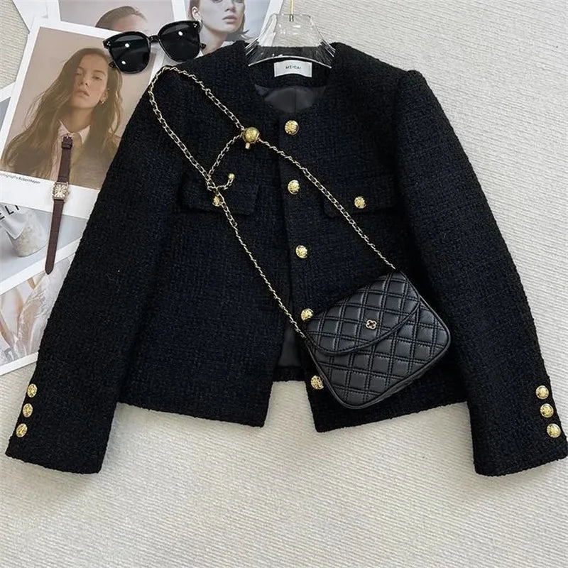 maoxiangshop High-End Warm Lining/Quilted Jacket With Small Fragrance Tweed Woven Woolen Suit For Women Autumn Winter 2024 O-Neck Short Top