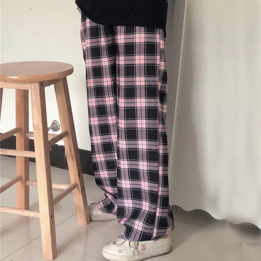 maoxiangshop Black and Pink Plaid Pants Oversize Women Pants High Waist Loose Wide Leg Trousers Ins Retro Teens Straight Trousers Streetwear