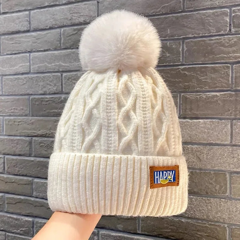 maoxiangshop thicken Fur Pom Knitted Beanies Hat Female Plush Winter Fleece-lined Warm Hats for Women Girl's Outdoor Woolen Thermal Gorro Cap