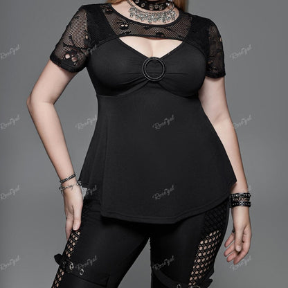 maoxiangshop Plus Size Gothic Skull Mesh Panel Cutout T-shirt Black Round Neck Short Sleeve Blouse Tops For Women Halloween