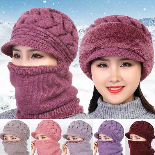 maoxiangshop Coral Fleece Winter Hat Beanies Women's Hat Scarf Warm Breathable Wool Knitted Hat For Women Double Layers Protection Caps