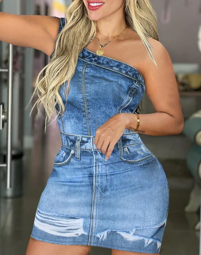 Women's Dress 2024 New Fashion Denim Look Print One Shoulder Bodycon Dress Sleeveless Sexy Short Denim Dress