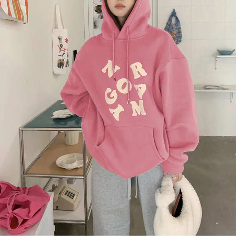 maoxiangshop Korean Autumn Winter Letter Print Hoodie Women Casual Long Sleeve Pullover Tops Hood Shirt Harajuku Oversize Sweatshirt Y2k 후드티