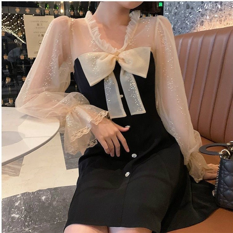 maoxiangshop Vintage Elegant Mini Party Dress for Women Casual Lace Long Sleeve Dresses Bow Sexy One Piece Dress Korean Black Autumn New