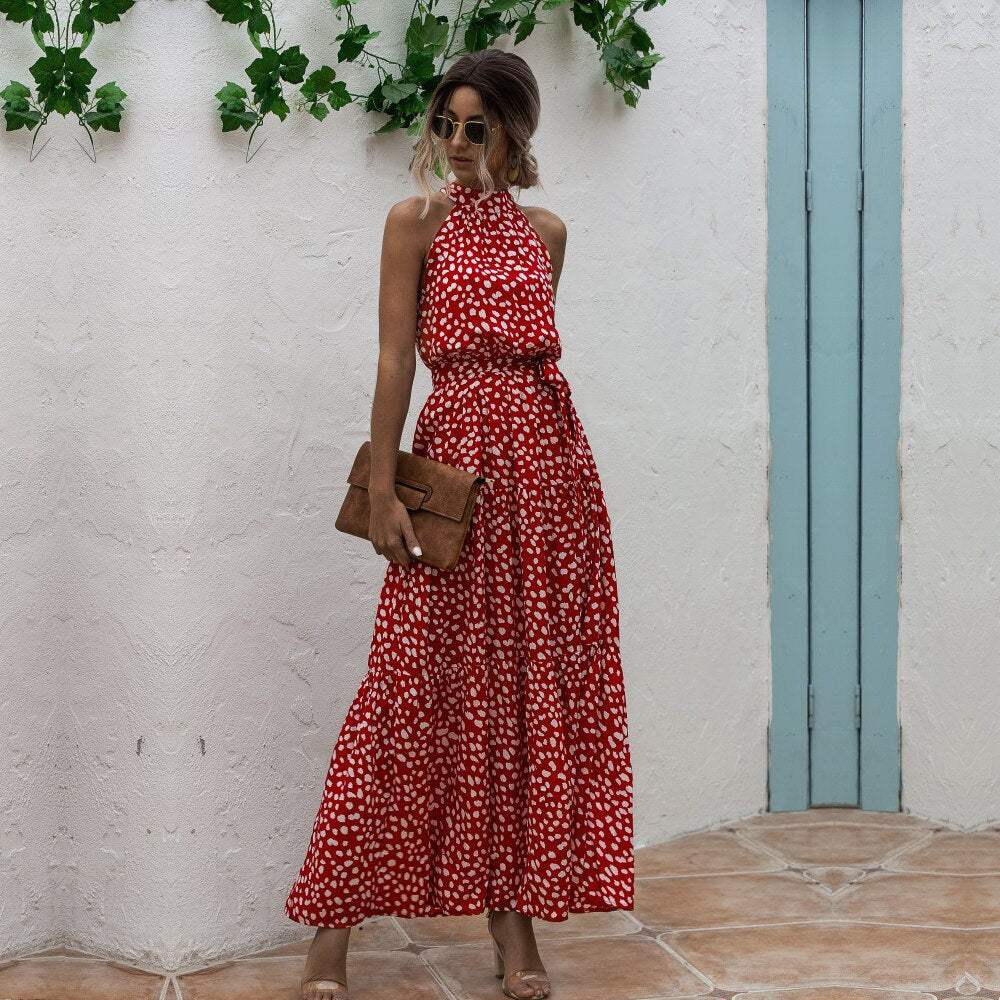 Summer Long Floral Halter Dress Women New Casual Slim Leopard Bandage Ladies Dot Print Beach Style Maxi Dresses