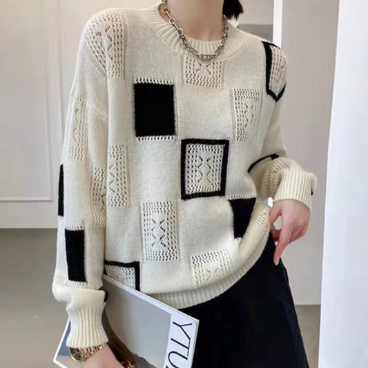 maoxiangshop Fashion Tops Women Oversized Sweater Autumn Winter New Colorblock Plaid Knitted Pullovers Round Neck Retro Warm  Sweaters