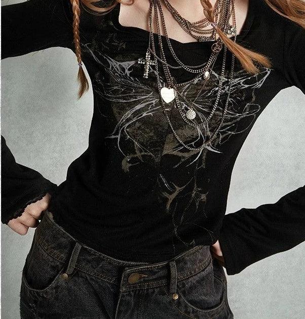 Punk Vintage Streetwear T-shirts Women American Retro Harajuku Design Y2k Graphic Long Sleeve Slim Tees Tops 2000s Chic