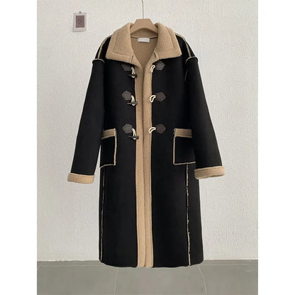 maoxiangshop  -  Korean Winter Fashion Suede Lamb Wool Splice Coat Fashion American Retro Coat High-End Long Single-Breasted Thicken Warm Coat