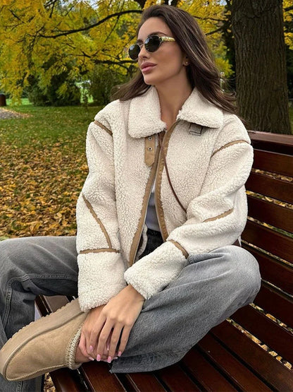 maoxiangshop  -  Vintage Lamb Wool Lapel Jackets Women Casual Warm Plush Zipper Pockets Jacket Coats Female Winter Chic High Street Outwear