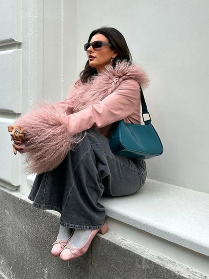 maoxiangshop -  Elegant Ostrich Hair Sleeve Jacket Women Fashion V Neck Long Sleeve Leather Coat Pink Autumn Chic Lady Single Breasted PU Tops