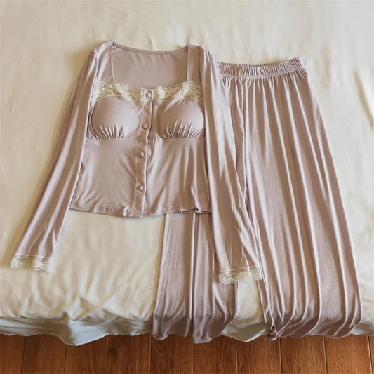 maoxiangshop  -  Modal Comfort Padded Top Pajamas For Women Autumn Spring Sweet Casual Lace Trim Long Sleeve Slim T-shirts + Wide Leg Pant Sets