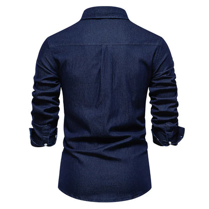 maoxiangshop New Autumn Men's Denim Shirt Cotton Elastic Casual Social Design Double Pockets Slim Jeans Shirts for Men