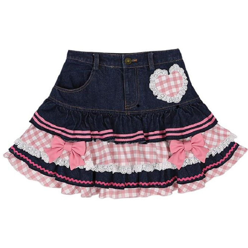 maoxiangshop Preppy Style Lolita Kawaii Skirts Japanese Sweet Mini Women Harajuku Cute Ball Gown Denim Skater Y2K High Waist Lace Cake Skirts