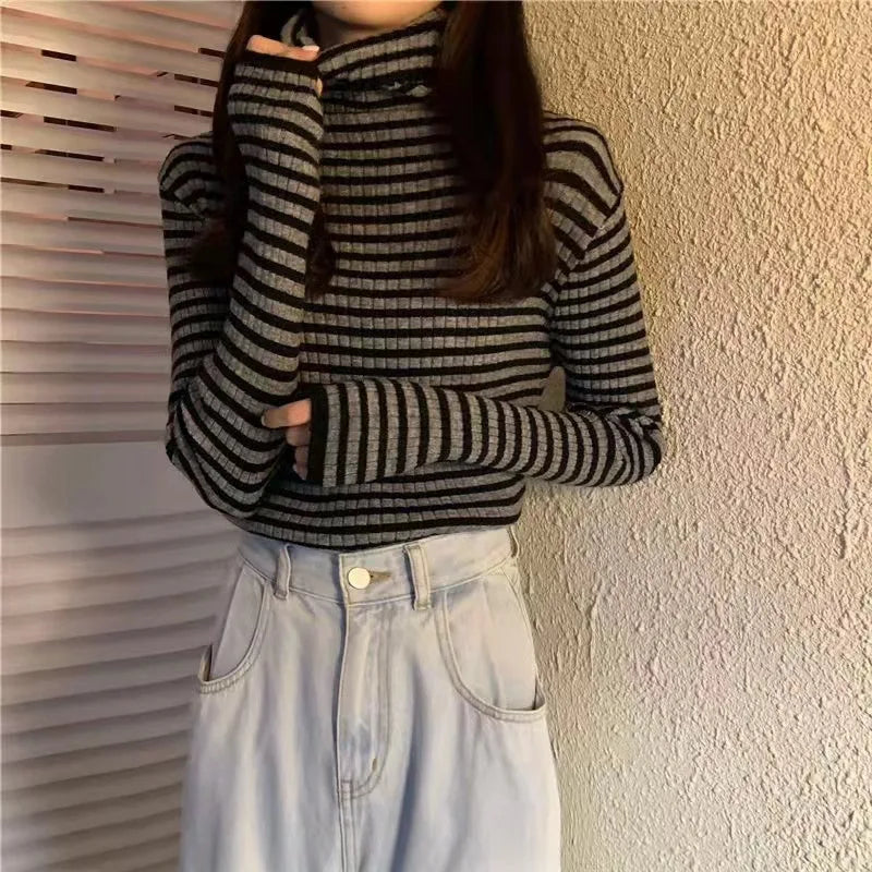 maoxiangshop Women's Striped Turtleneck Sweater Autumn and Winter Knit Sweater Women's Long Sleeve Striped Sweater Turtleneck Sweater