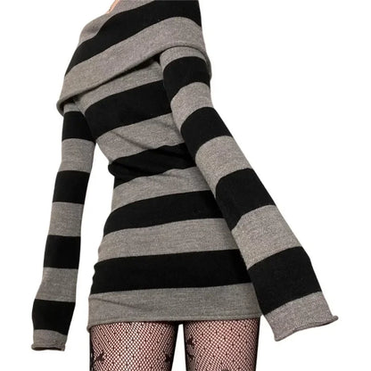 maoxiangshop  -  Striped Knitted Sweater Mini Dress 2024 Fall Winter Women Boat-neck Off Shoulder Long Sleeve Bodycon Casual Dresses Party Outfit