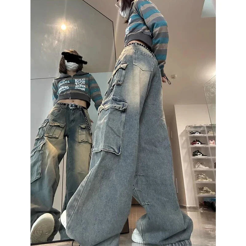 Y2K Cargo Jeans Women Streetwear Multi-Pocket Wide Leg Denim Pants Harajuku Vintage High Waist Baggy Casual Trousers New