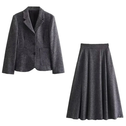 maoxiangshop HH TRAF Women Autumn Wool Blend Blazer Pleated Skirt Set Casual Lapel Sleeves Slim Jacket Women's Versatile High Waist Skirts