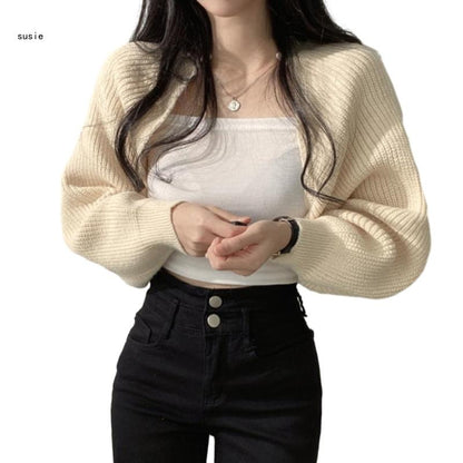 X7YA Women Long Sleeve Open Front Crop Tops Cropped Boleros Shrug Cardigan Sweater