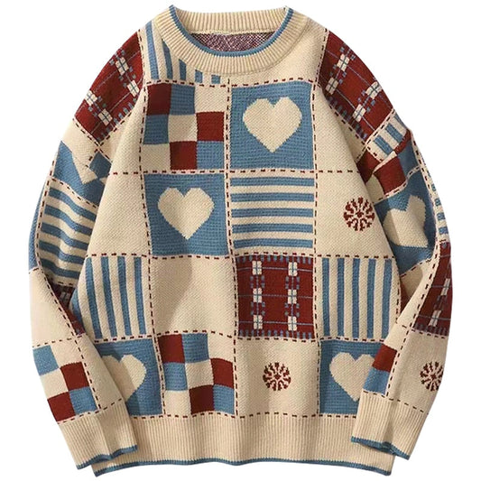 maoxiangshop Vintage Sweater Mens Hip Hop Streetwear Harajuku Retro Japanese Style Love Knitted Sweater Couples Autumn Cotton Pullover