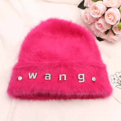 maoxiangshop New Fashion Rabbit Fur Y2k Beanies for Women Soft Warm Fluffy Angola Winter Hat Female Windproof Bonnet Hat Skullies Cap