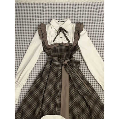 maoxiangshop  -  Autumn Fake Two Piece Spliced Long Sleeve Plaid Dress for Women Waist Slimming Sweet Girl College Style A-line Long Dresses