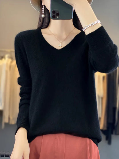 maoxiangshop Pure Wool V-Neck Sweater Women's Short Autumn And Winter All Loose And Thin Pullover Sweater Base Shirt Solid Color Authentic