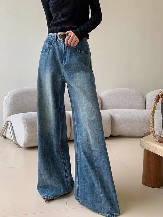 maoxiangshop  -  Blue Washed Casual Jeans Women'S Autumn And Winter New Straight Leg Loose Wide Leg Pants Long Pants