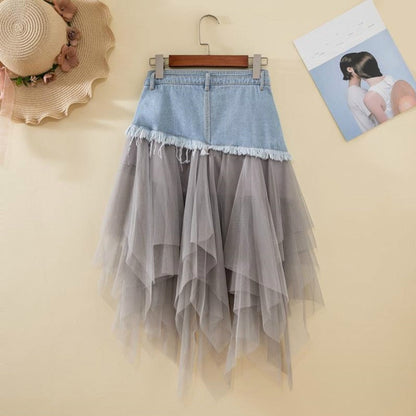 maoxiangshop Summer Denim Jeans Skirt Women Y2K Irregular High Waisted Tulle Skirts Mesh Patchwork Pockets Pleated Mid-Calf Tutu High Street