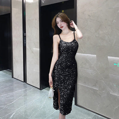 maoxiangshop Korean Sequins Midi Dresses for Women Summer Elegant Party Sexy Sleeveless Slim Prom Female Clothes Wedding Evening Dress