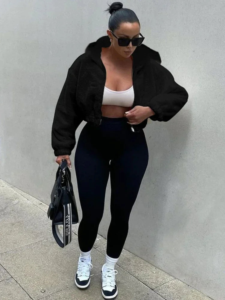 Fluffy Zip Up Crop Hoodies & Sweatshirts Fall Winter Short Jacket Women Clothing Cardigan Plush Outerwear C70-FF54