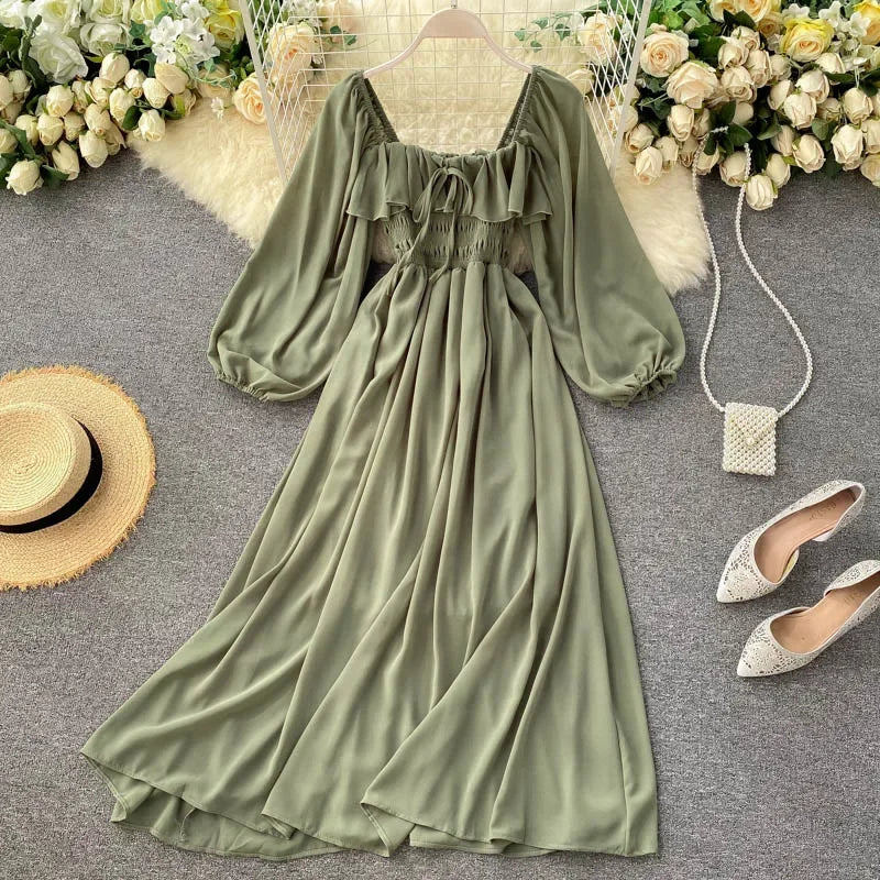 Woherb Chic Elegant Square Collar Maxi Dress Women Solid Chiffon Puff Sleeve Dresses 2024 Korean Fashion Vintage Ruffle Vestidos