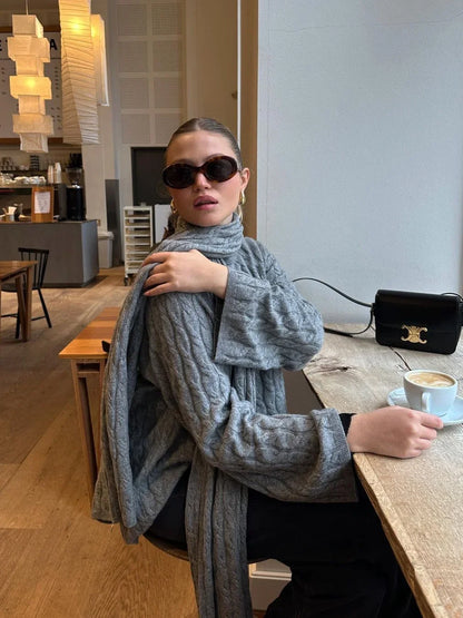 maoxiangshop  -  Women Casual Gray Knitted Sweater With Scarf Elegant Round Neck Long Sleeves Pullover 2024 Autumn Lady High Street Jumper Top