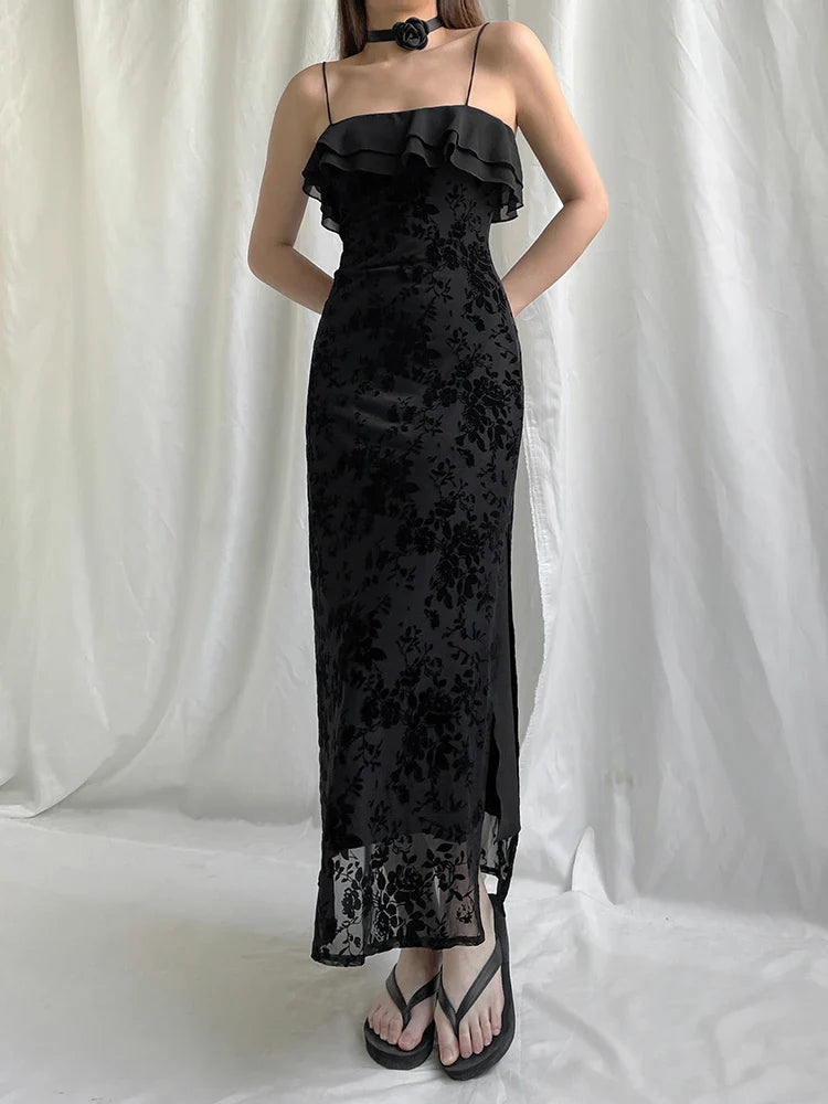 maoxiangshop Floral Mesh Double Layers Sleeveless Sundress Black Turn-down Ruffle Strapless Straight Long Dress Beach Holiday Robe