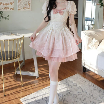 Japanese Harajuku Short Sleeves Doll Teen Party Dress Fairy Vestidos Lolita Dress Women Flouncing Lace Trim Evening Dress Woman