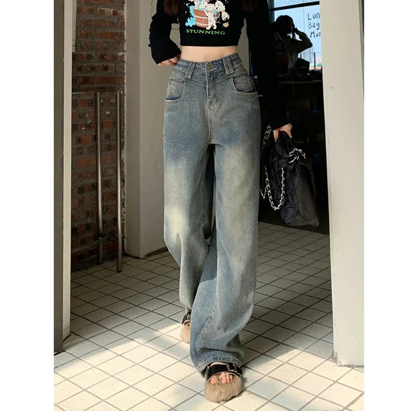 Women's American Vintage Blue Jeans High Waist Autumn Fashion Streetwear Wide Leg Pants Female Straight Denim Trousers