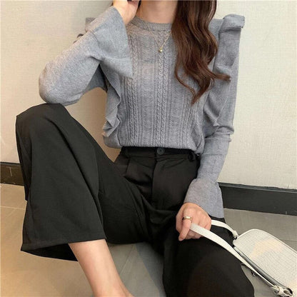 maoxiangshop Ruffles Long Sleeve Sweaters for Women Solid Color Round Neck Knitted Woman Jumper Autumn Winter All Match Soft Sweater