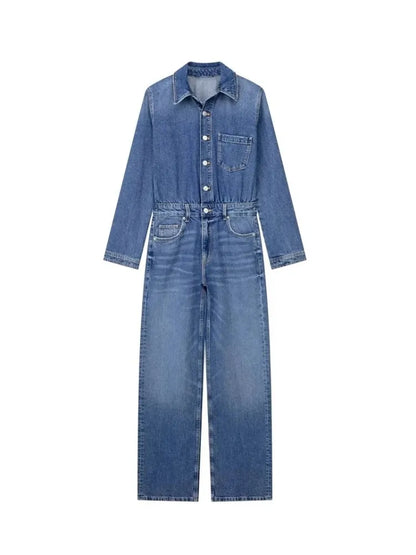 maoxiangshop  -  European And American Style Blue Denim High Waisted Jumpsuit Women'S Spring And Autumn Collar Casual Fashion Pants Straight Leg