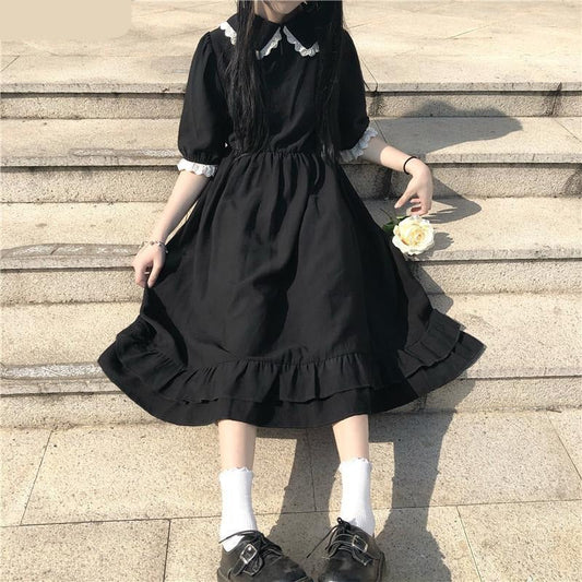 maoxiangshop Dress Women Lace Cute Summer Simple Solid Leisure Korean Style Sweet Ladies Fashion Sundress All-match Preppy Comfortable Loose