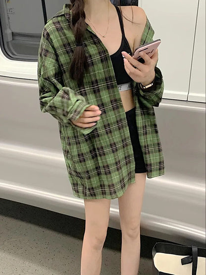 maoxiangshop Checkered Shirt Grunge Women's Oversized Green Long Sleeve Collared Button Up Plaid Shirt for Women