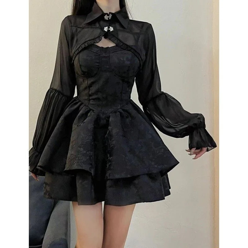 Black Sexy Lolita Dress Women Gothic Vintage Harajuku Halloween Cosplay Costumes Long Sleeve Fairy Dress Women's Two Piece Set