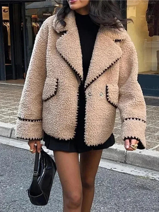 maoxiangshop  -  Lapel Loose Jackets Women 2024 Autumn Winter Street Long Sleeve Faux Lambswool Jacket Fashion Elegant Casual Coats Femme