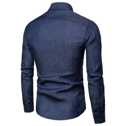 maoxiangshop Autumn Men's Pocket Panel Leather Long Sleeve Shirt Anti Denim Versatile Slim Fit Shirt