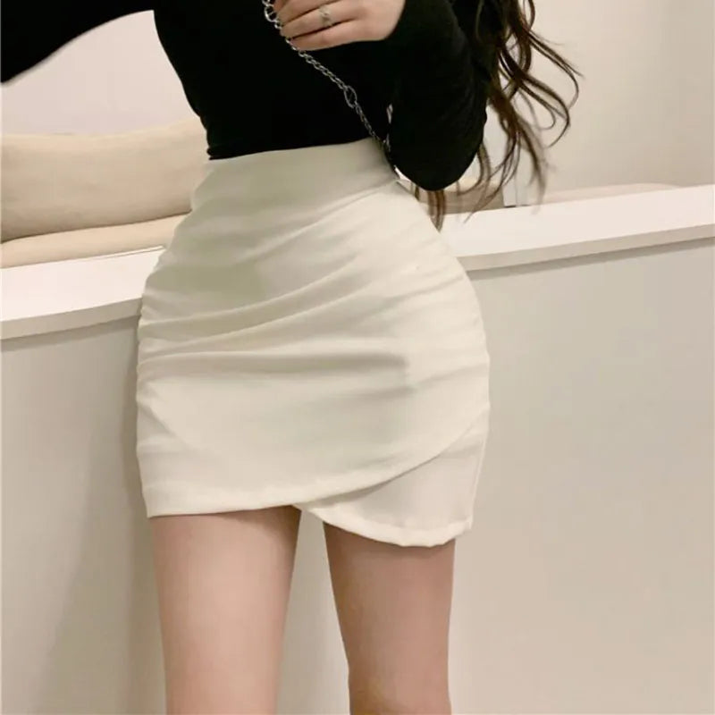 maoxiangshop Korean Fashion Mini Skirt Women Solid High Waist Irregular Folds Hip Wrap Pencil Skirt Ladies Sexy Slim Short Skirts