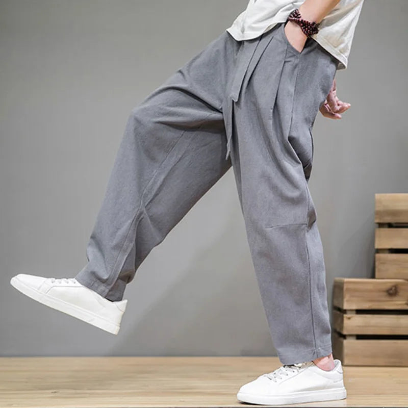 maoxiangshop Spring Cotton Linen Pants Men Elastic Waist Casual Harem Pant Loose Sweatpants Traditional Chinese Trousers pantalons homme