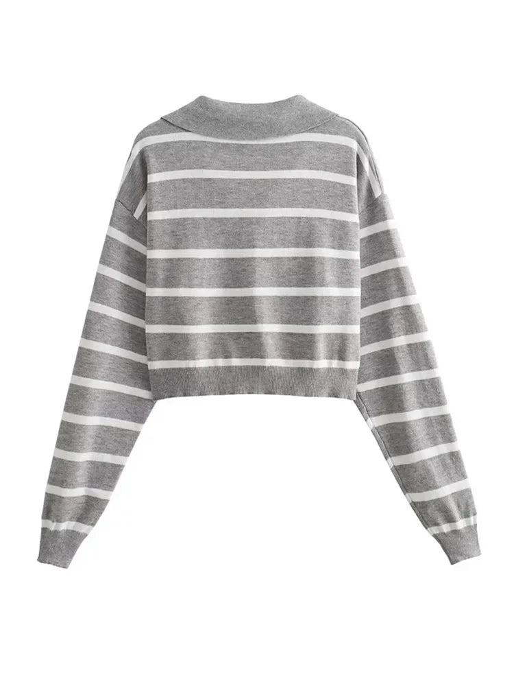 maoxiangshop HH TRAF 2023 Autumn Woman Long Sleeve Striped Knitwear Cropped Sweaters for Women Ribbed Knitted Sweater Basic Women's Sweater