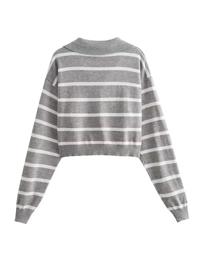 maoxiangshop HH TRAF 2023 Autumn Woman Long Sleeve Striped Knitwear Cropped Sweaters for Women Ribbed Knitted Sweater Basic Women's Sweater
