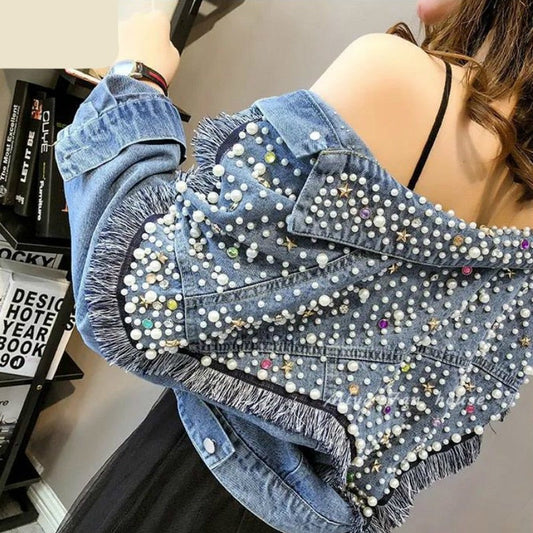 maoxiangshop Autumn Denim Jacket Women Hand-studded Pearls Punk Tassel Veste Femme Loose Short Jeans Coats Chaquetas Mujer Streetwear