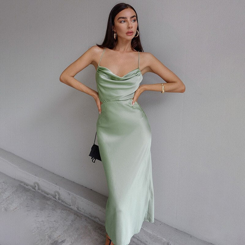 Sexy Low Cut Backless Long Dresses Women Summer Elegant Satin Party Evening Dress Purple Green Casual Solid Vistidos