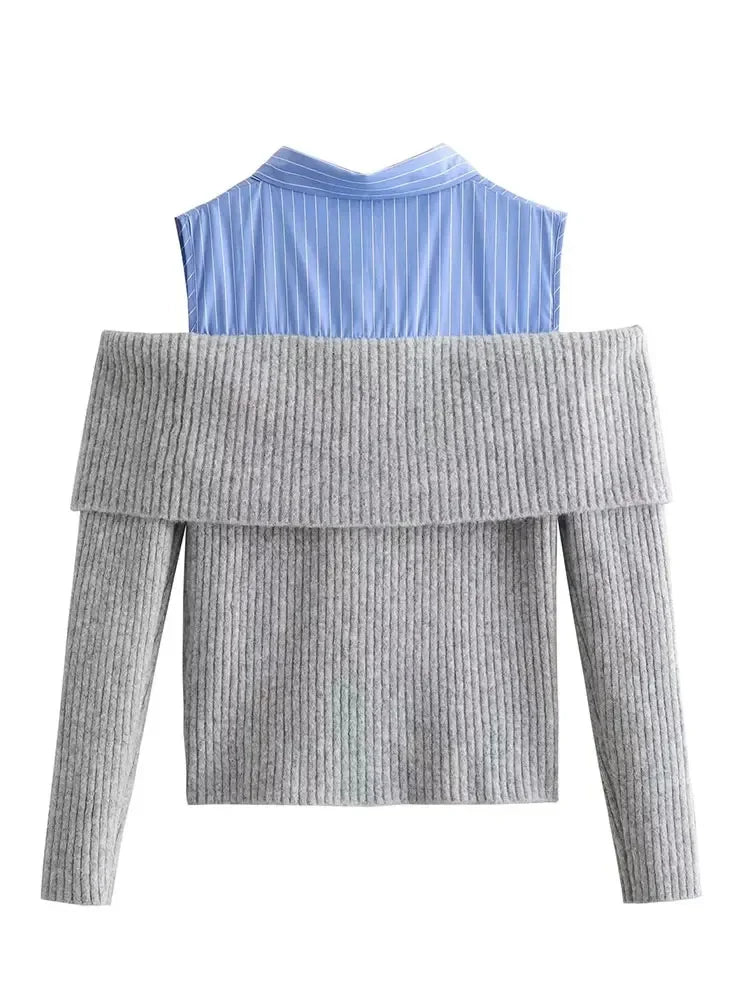 maoxiangshop -  Autumn Women Fashion Cardigan Knitting Lapel Shirt Patchwork Off Shoulder Crop Top Female Long Sleeve Casual Sweaters
